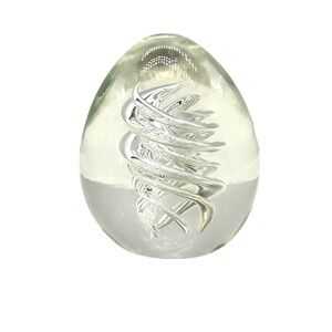Clear Art Glass Egg Paperweight Silver Controlled Bubble Spiral Swirl Decor